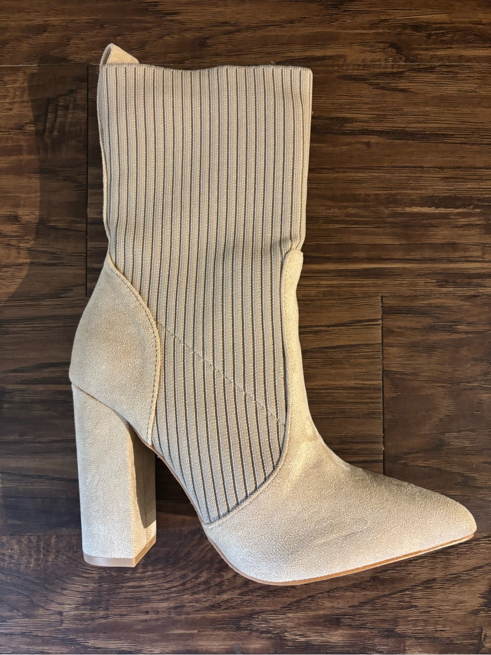 NWT ✨ Beige Knit Sock Suede Block Heel Ankle Boots - Picture 4 of 8